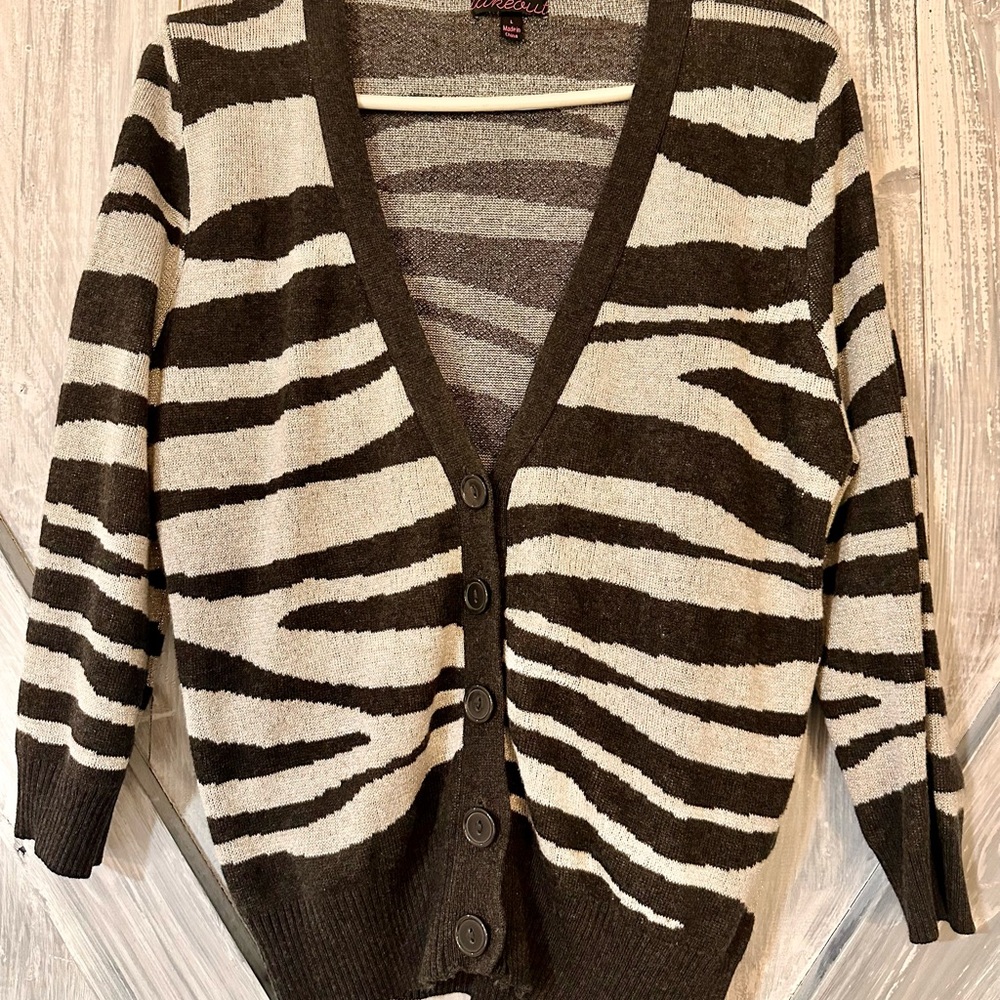 Takeout Black and Silver Cardigan Sweater with Bold Stripes